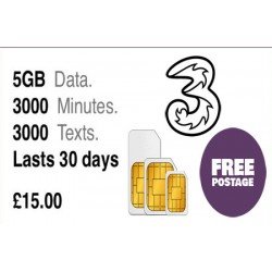 5GB Data + 3000 UK Minutes + 3000 UK Texts Pre-loaded Three Trio-SIM